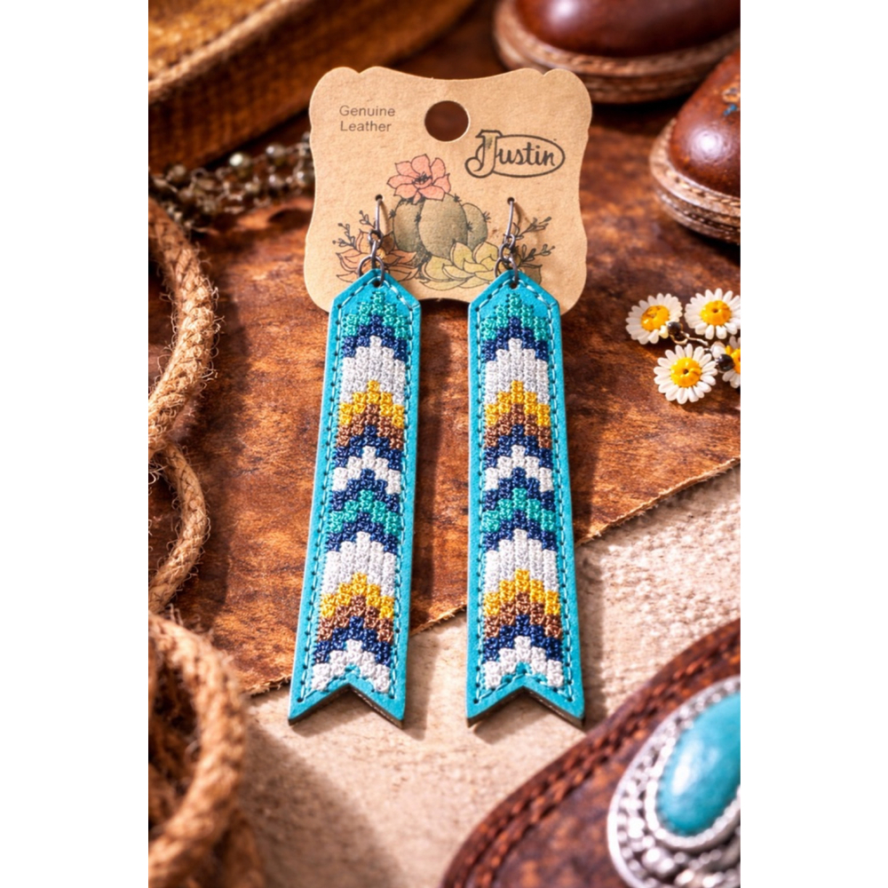 Justin Genuine Leather Western Earrings | Turquoise Aztec Boho Cowgirl Statement
